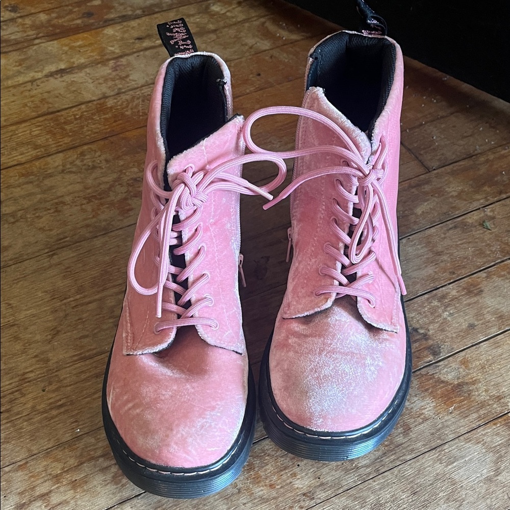 Dr. Martens Pink Velvet Lace-Up Platform Boots